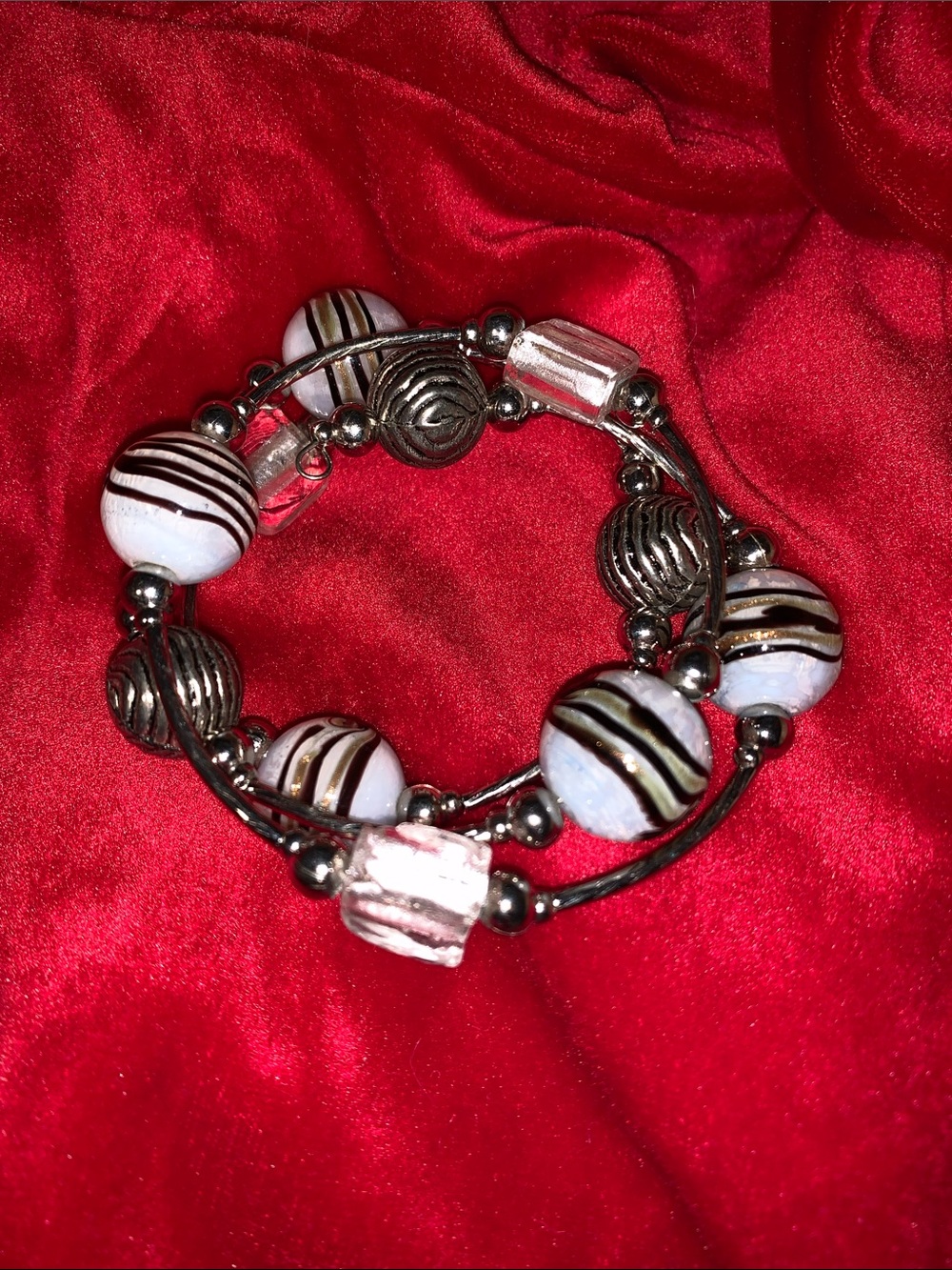 Striped White and Silver tone Bead Wrap Bracelet